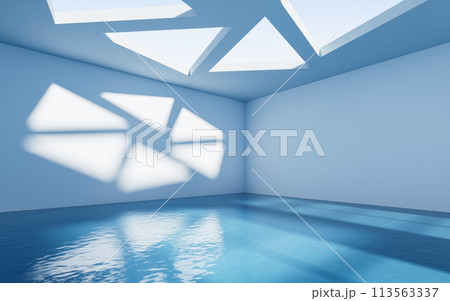 Empty room with water inside, 3d rendering. Empty room with water inside, 3d rendering. 113563337
