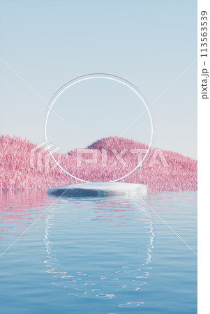 Rock product stage with pink grassland and lakes, 3d rendering. 113563539