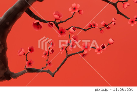 Plum blossom with red background, 3d rendering. 113563550