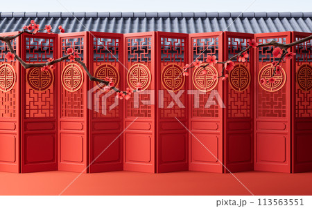 Plum blossom with Chinese ancient doors, 3d rendering. 113563551
