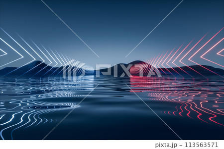 Dark lake with glowing neon lines, 3d rendering. 113563571