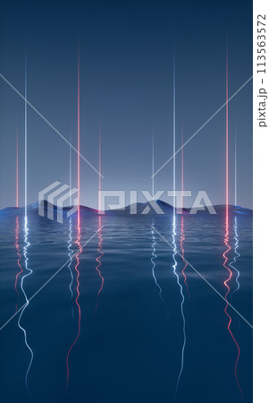 Dark lake with glowing neon lines, 3d rendering. Dark lake with glowing neon lines, 3d rendering. 113563572