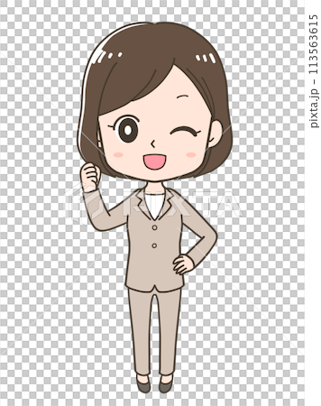 片手でガッツポーズをするビジネスウーマンの全身イラスト 片手でガッツポーズをするビジネスウーマンの全身イラスト 113563615