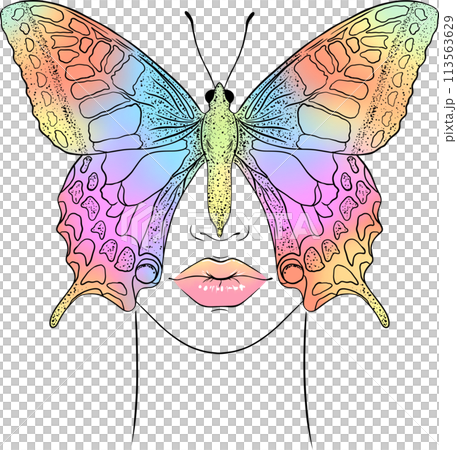 A multicolored butterfly covers a woman's face. 113563629