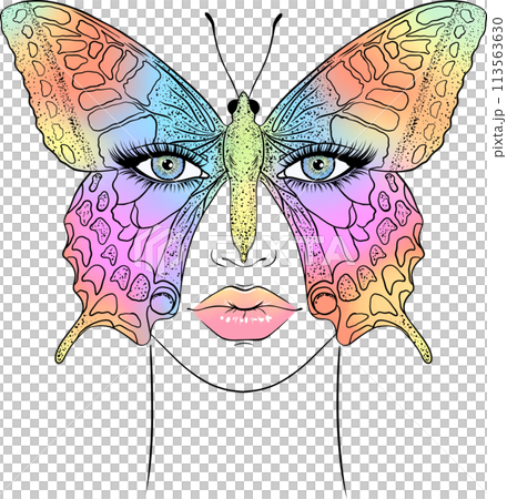 A multicolored butterfly covers a woman's face. 113563630