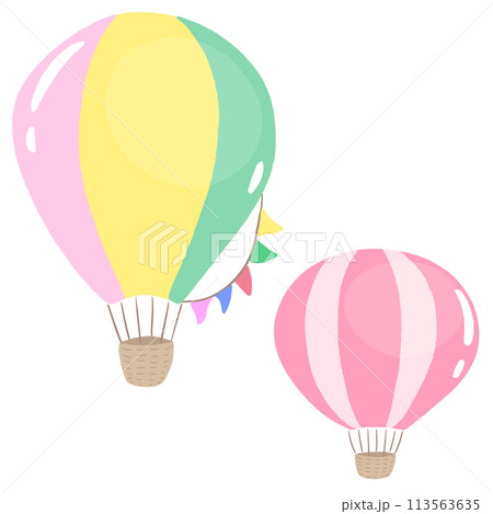 ガーランドがついた熱気球、カラフルな手描きのかわいいイラスト 113563635