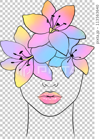 Colorful flowers on female head. Hand drawn illustration. Colorful flowers on female head. Hand drawn illustration. 113563640