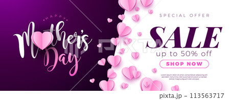 Mother's Day Sale Banner Design with Paper Hearts and Typography Lettering on Violette Background. Vector Seasonal Discount Offer Illustration with Text Label for Voucher, Online Ads, Flyer 113563717