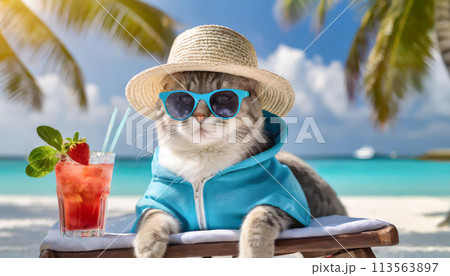 南国のビーチでリラックスする猫 南国のビーチでリラックスする猫 113563897
