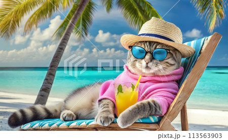 南国のビーチでリラックスする猫 南国のビーチでリラックスする猫 113563903