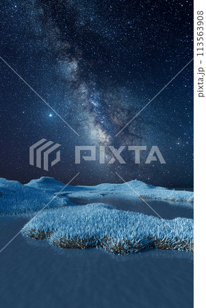 Blue grassland with milky way at night, 3d rendering. 113563908