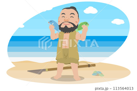 魚を捕って喜ぶ縄文人男性 魚を捕って喜ぶ縄文人男性 113564013