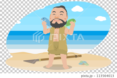 魚を捕って喜ぶ縄文人男性 魚を捕って喜ぶ縄文人男性 113564013