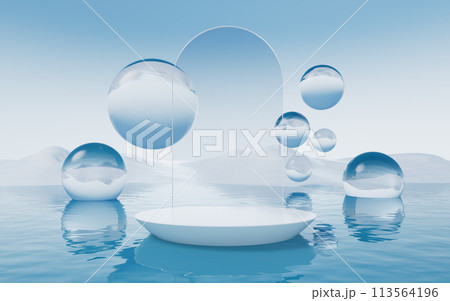 Water surface with round balls background, 3d rendering. 113564196