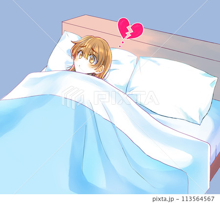 ダブルベッドの中の悲しそうな女性 割れたハートのイラスト素材 