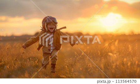 Young Child Running Through Field at Sunset 113564570