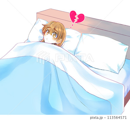 ダブルベッドの中の悲しそうな女性 割れたハートのイラスト素材 
