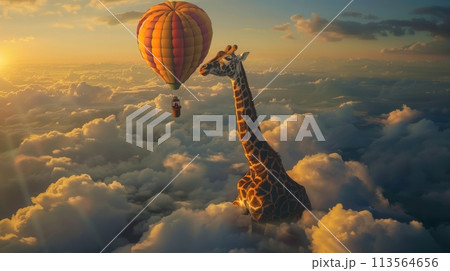 Giraffe and Hot Air Balloon in the Sky 113564656