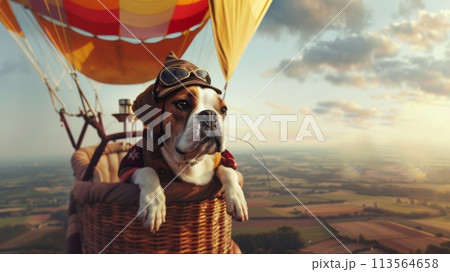Dog Sitting in Basket on Hot Air Balloon 113564658