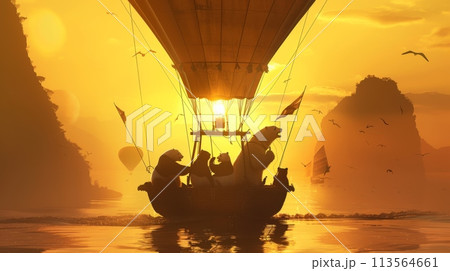 Hot Air Balloon Soaring Above Water 113564661