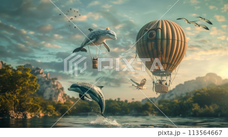 Group of Dolphins Jumping Out of the Water 113564667