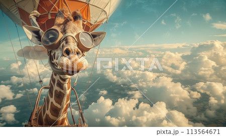 Giraffe Flying in Hot Air Balloon 113564671