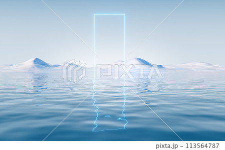 Water surface with glowing neon lines, 3d rendering. Water surface with glowing neon lines, 3d rendering. 113564787