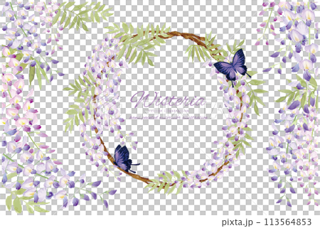 A set of frames and background material with a gentle watercolor touch of wisteria and butterflies 113564853