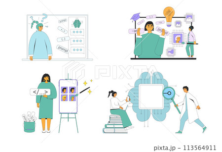 Artificial general intelligence research and prompt engineering set. AGI engineer and coder neuron network collection. Crafting instructions to generate content. Vector illustration 113564911