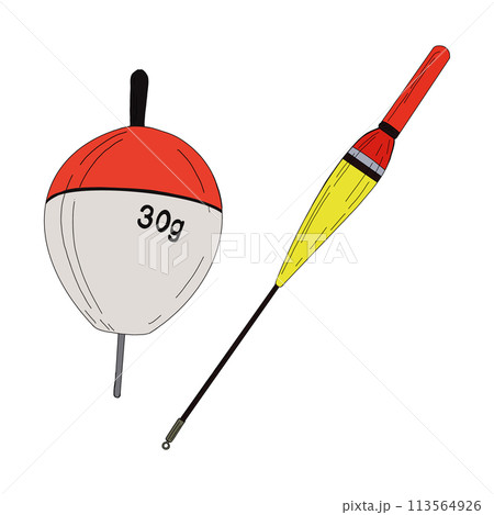 Fishing float bobber cork vector illustration tackle set. Bait minnow line drawing. Silhouette outline. Fisher angler tool. Yellow white catch sport equipment. Gear floater red long. Red plastic water Fishing float bobber cork vector illustration tackle set. Bait minnow line drawing. Silhouette outline. Fisher angler tool. Yellow white catch sport equipment. Gear floater red long. Red plastic water 113564926