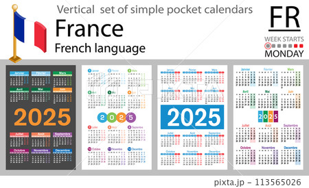 French vertical set of pocket calendar for 2025. Week starts Monday 113565026