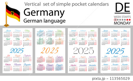 German vertical set of pocket calendar for 2025. Week starts Monday 113565029