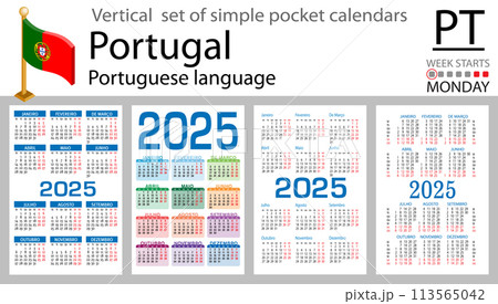 Portuguese vertical set of pocket calendar for 2025. Week starts Monday 113565042