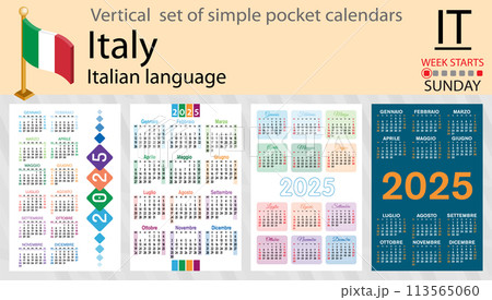 Italian vertical set of pocket calendar for 2025. Week starts Sunday Italian vertical set of pocket calendar for 2025. Week starts Sunday 113565060