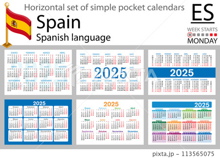 Spanish horizontal set of pocket calendar for 2025. Week starts Monday 113565075