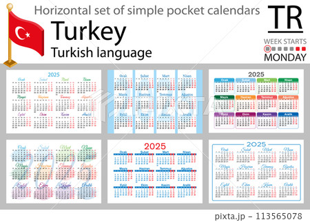 Turkish horizontal set of pocket calendar for 2025. Week starts Monday 113565078