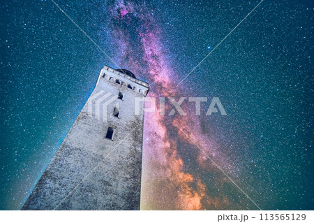 Colorful Milky Way above Lighthouse Rubjerg Knude in Denmark 113565129