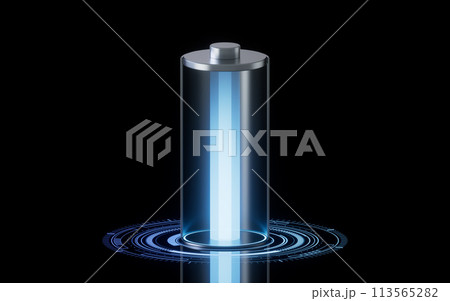 3D fast charge battery on black background, energy technology concept, 3d rendering. 113565282