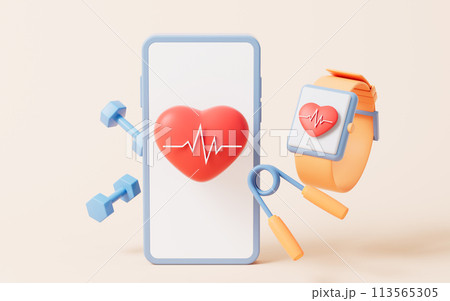 Heart shape with ECG graph line, 3d rendering. 113565305