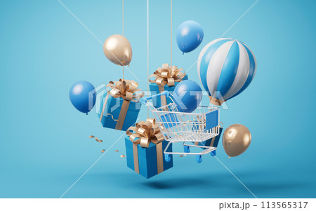 Gift box and shopping cart, 3d rendering. Gift box and shopping cart, 3d rendering. 113565317