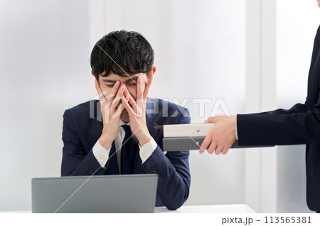 仕事量に塞ぎ込むビジネスマン 113565381