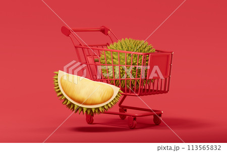 Durian with shopping cart, 3d rendering. Durian with shopping cart, 3d rendering. 113565832