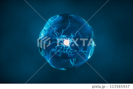 Transparent cell with glowing nucleus inside, 3d rendering. 113565937