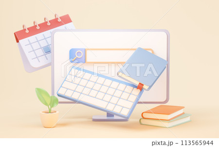 Workspace with computer and books, 3d rendering. Workspace with computer and books, 3d rendering. 113565944