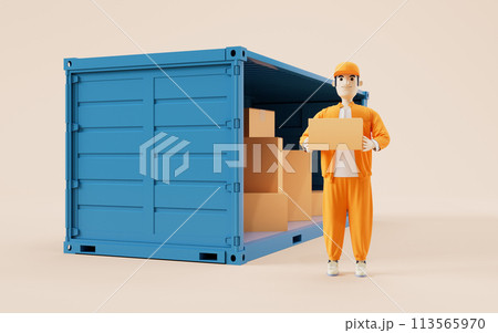 Cargo container and deliveryman, freight and export, 3d rendering. 113565970
