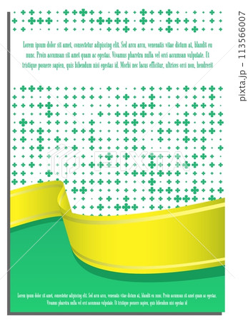 Vertical yellow abstract background with ribbon and green four leaf clovers, cover, title page of presentation, report, album in A4 format. Template layout for design. Vector banner Vertical yellow abstract background with ribbon and green four leaf clovers, cover, title page of presentation, report, album in A4 format. Template layout for design. Vector banner 113566007