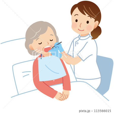 歯科検診を受ける寝たきりの高齢者　訪問医療 113566015