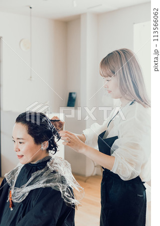 美容室でカラーをしてもらう若い女性 113566062