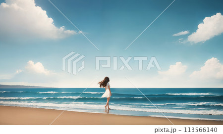 波打ち際で海を見る女の子 113566140