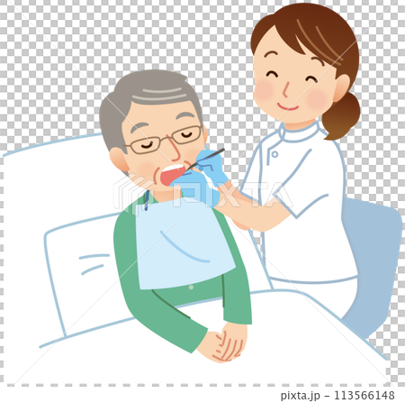 歯科検診を受ける寝たきりの高齢者　訪問医療 113566148
